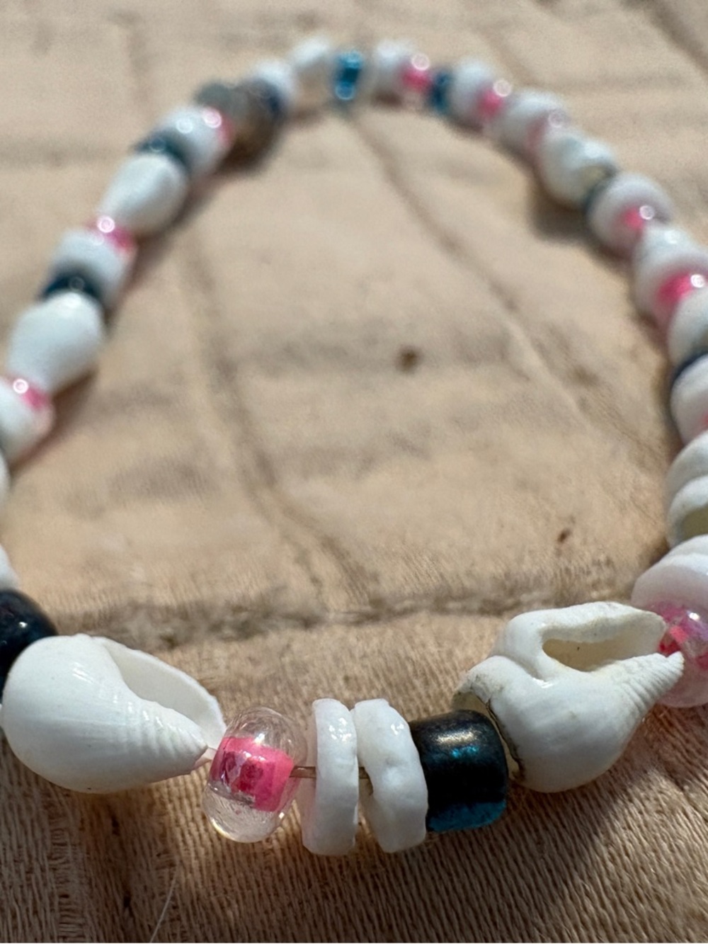 #82- SPRING CLEANING: White Shell Beaded Beach Bracelet with Blue & Pink Accents